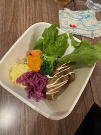 rounded corner square bowl with assorted salads and fried vegan meat