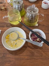 lunch starter, corn soup and salad