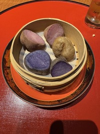 Kaiseki dinner: four types of potato in a bamboo steamer
