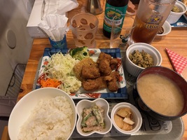 dinner plate with vegan meatballs, potato sallad, carrot salad, rice, miso soup, grilled veggies and fruit all in their own little bowls