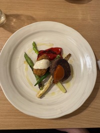 soy and chickpea meatballs on white and green asparagus