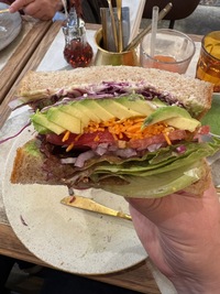 5cm thick sandwich with salad and avocado