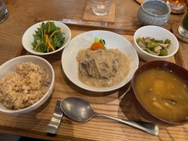 tray with various sized bowls with soup, salad, rice, soy-meat and sauce and veggies